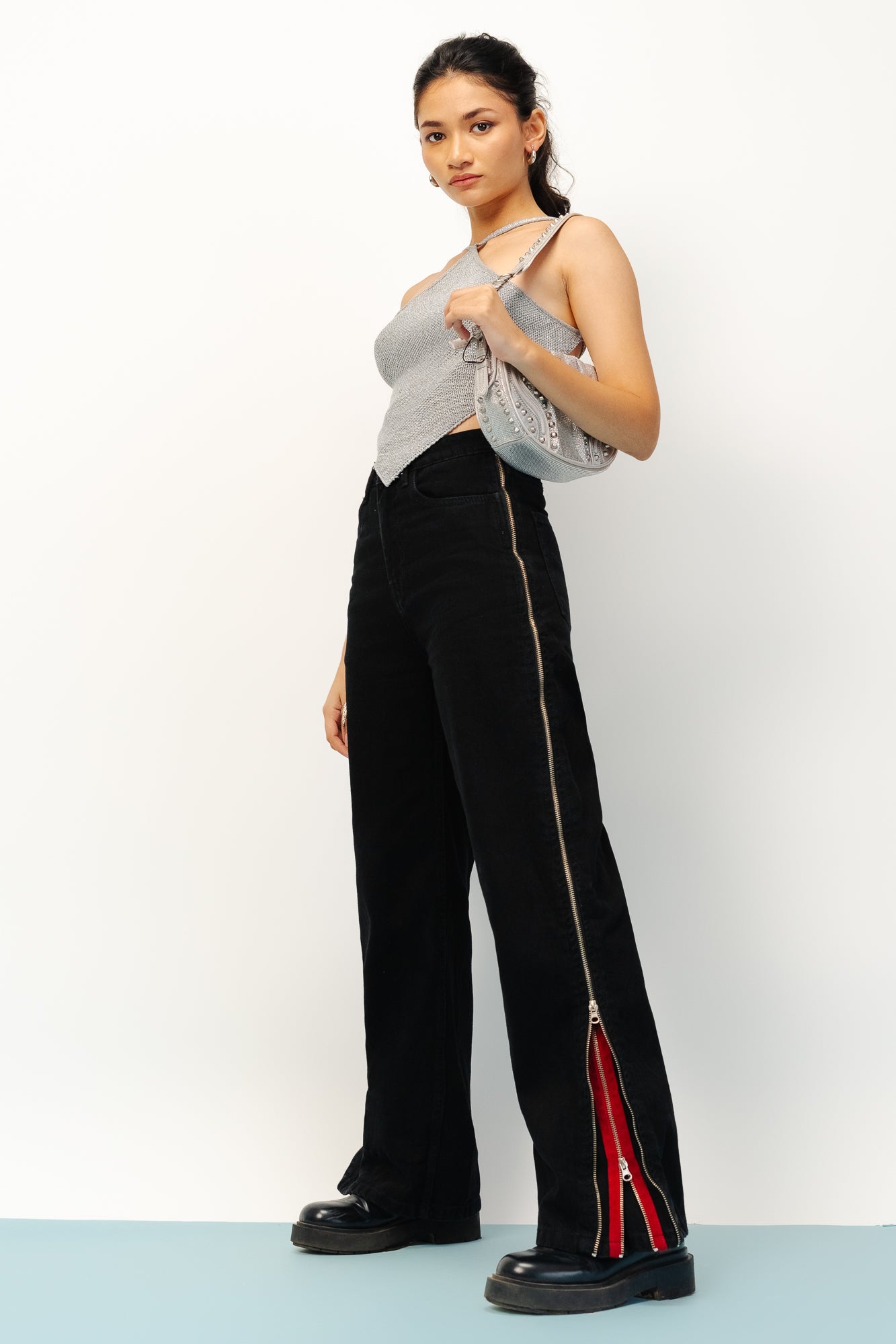 Black Double Zipped Women's Straight Jeans