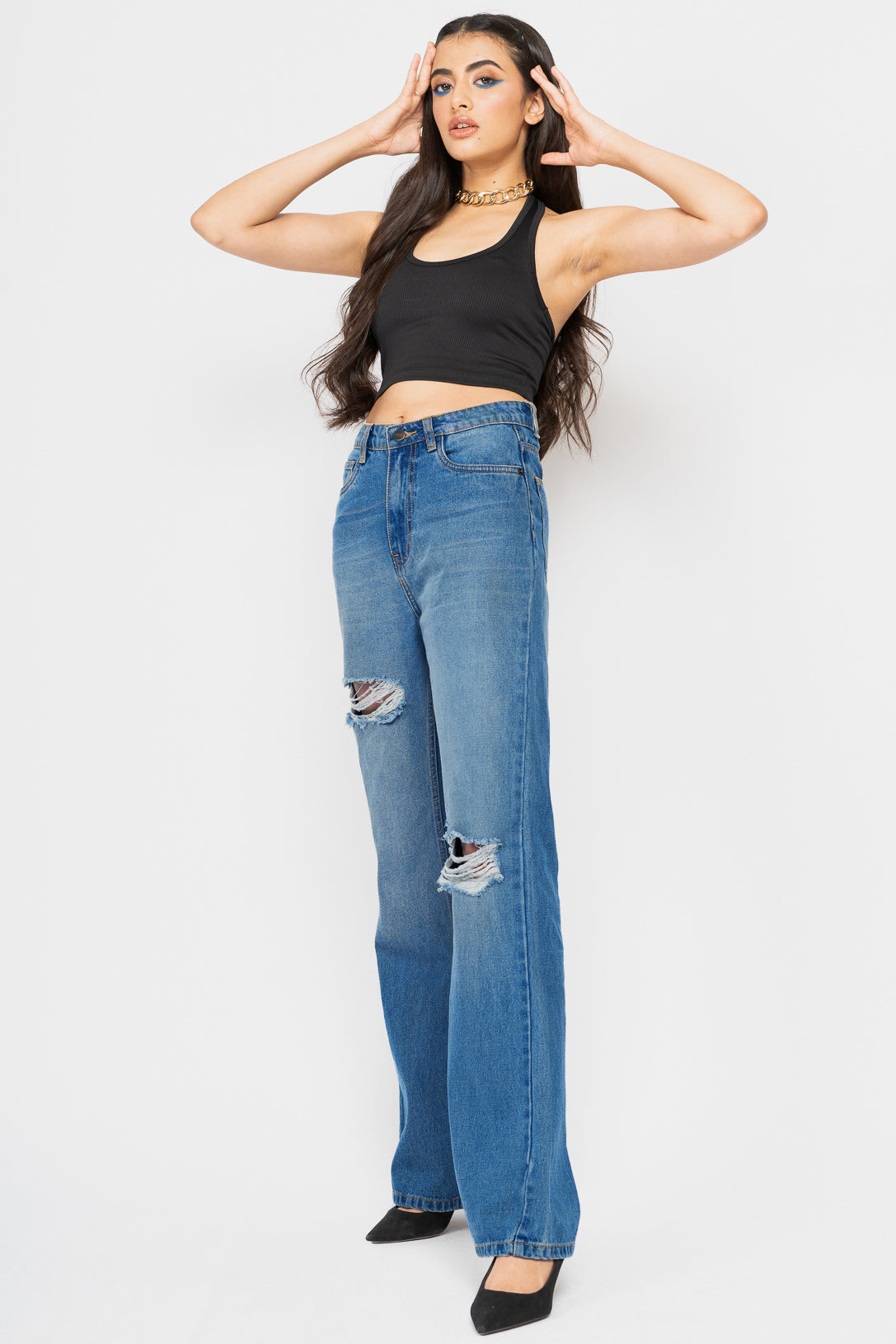 Mid Blue Distress Bootcut Jeans