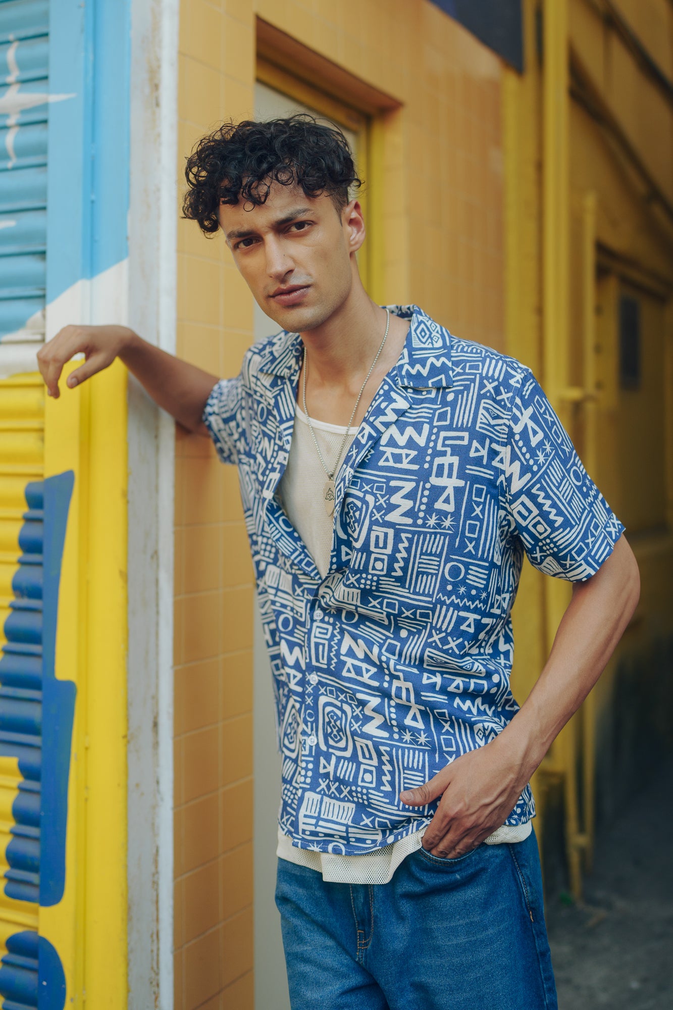 Navy Blue Abstract Print Men's Linen Shirt