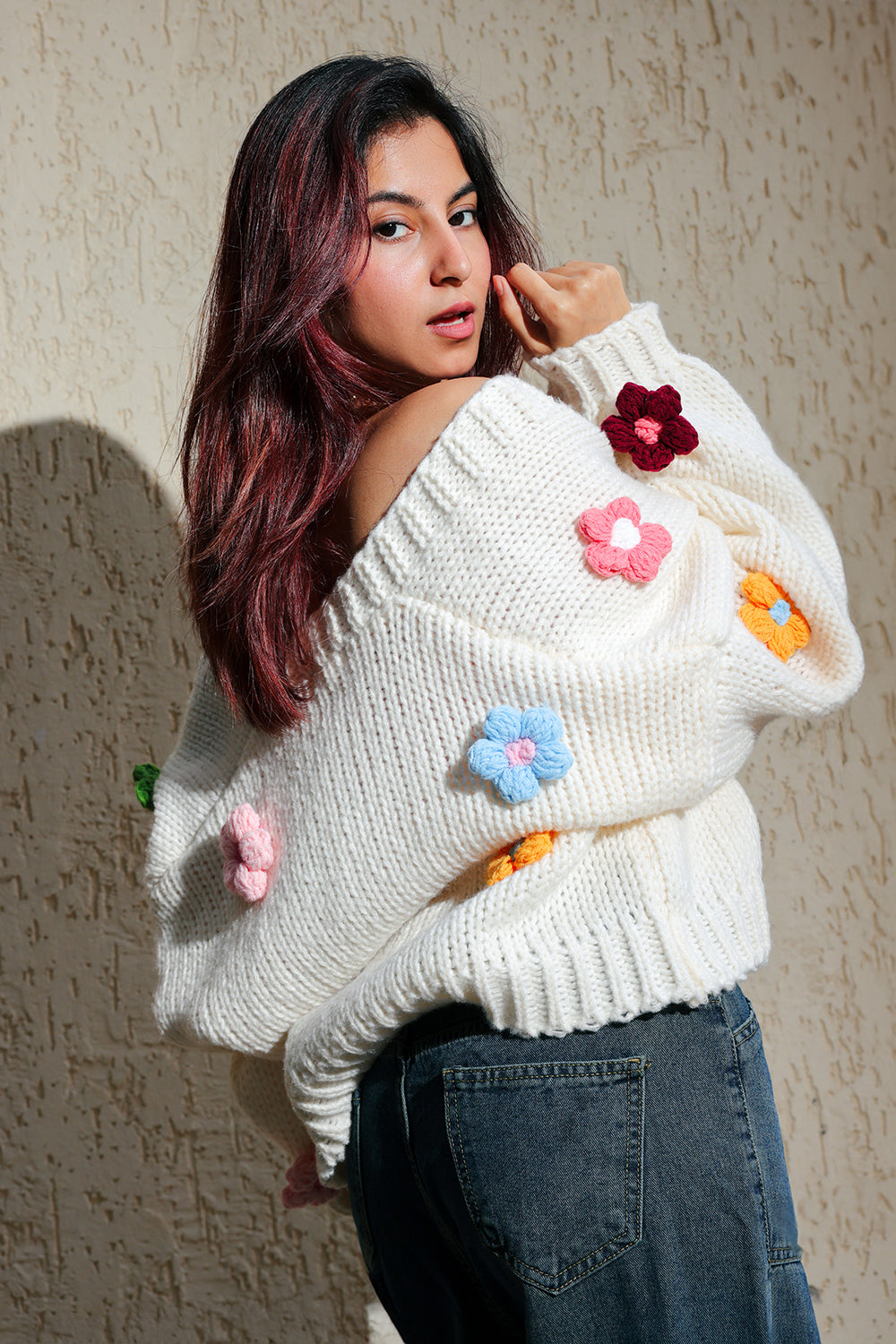 White Oversized Multicolour Flower Cardigan