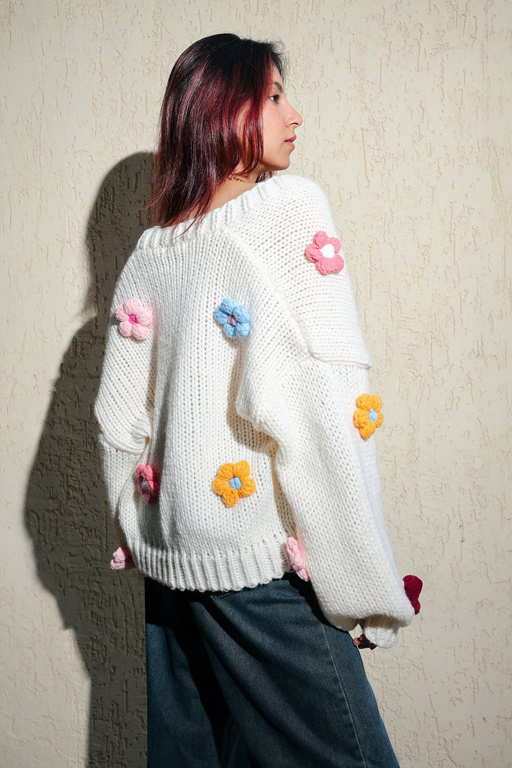 White Oversized Multicolour Flower Cardigan