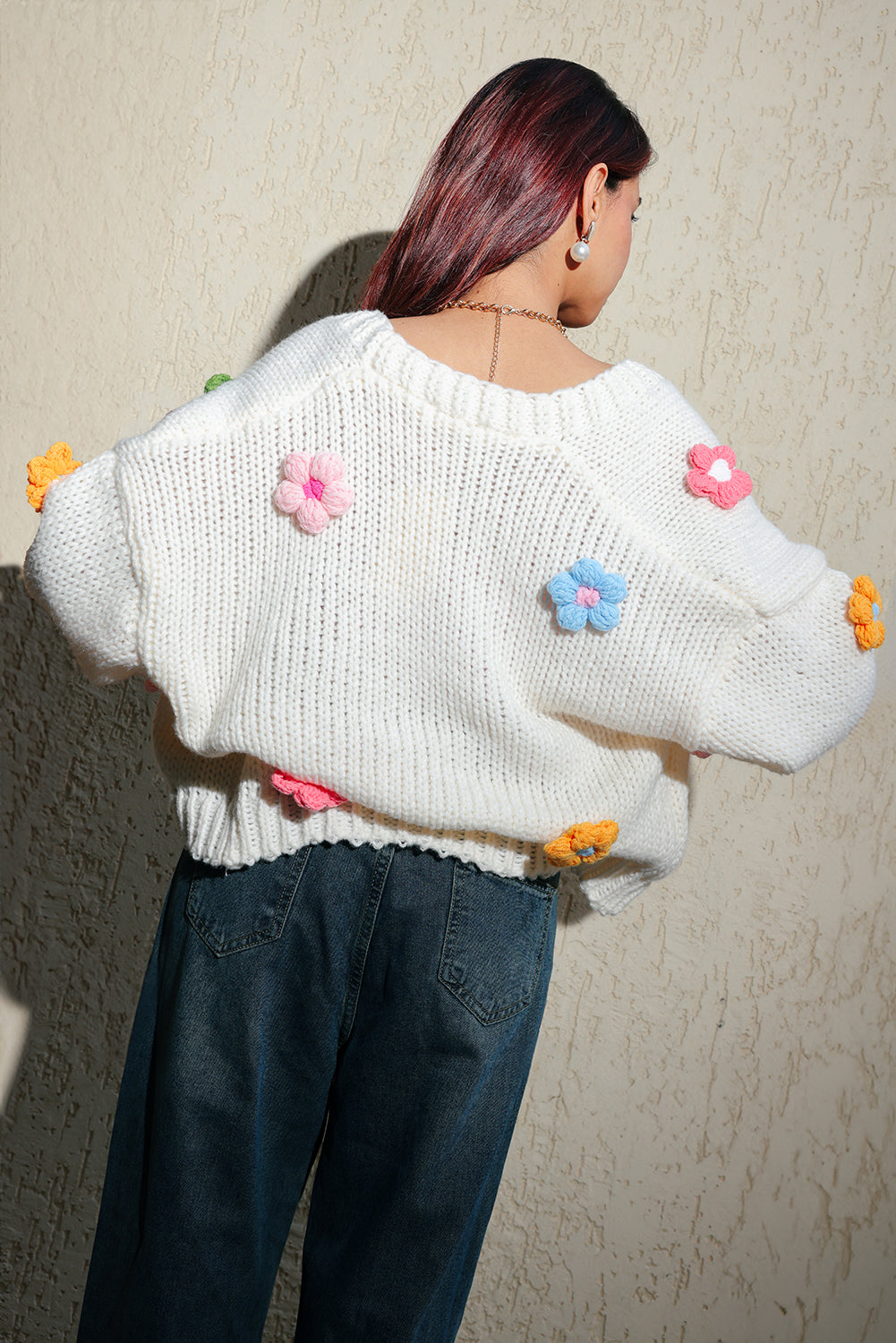 White Oversized Multicolour Flower Cardigan