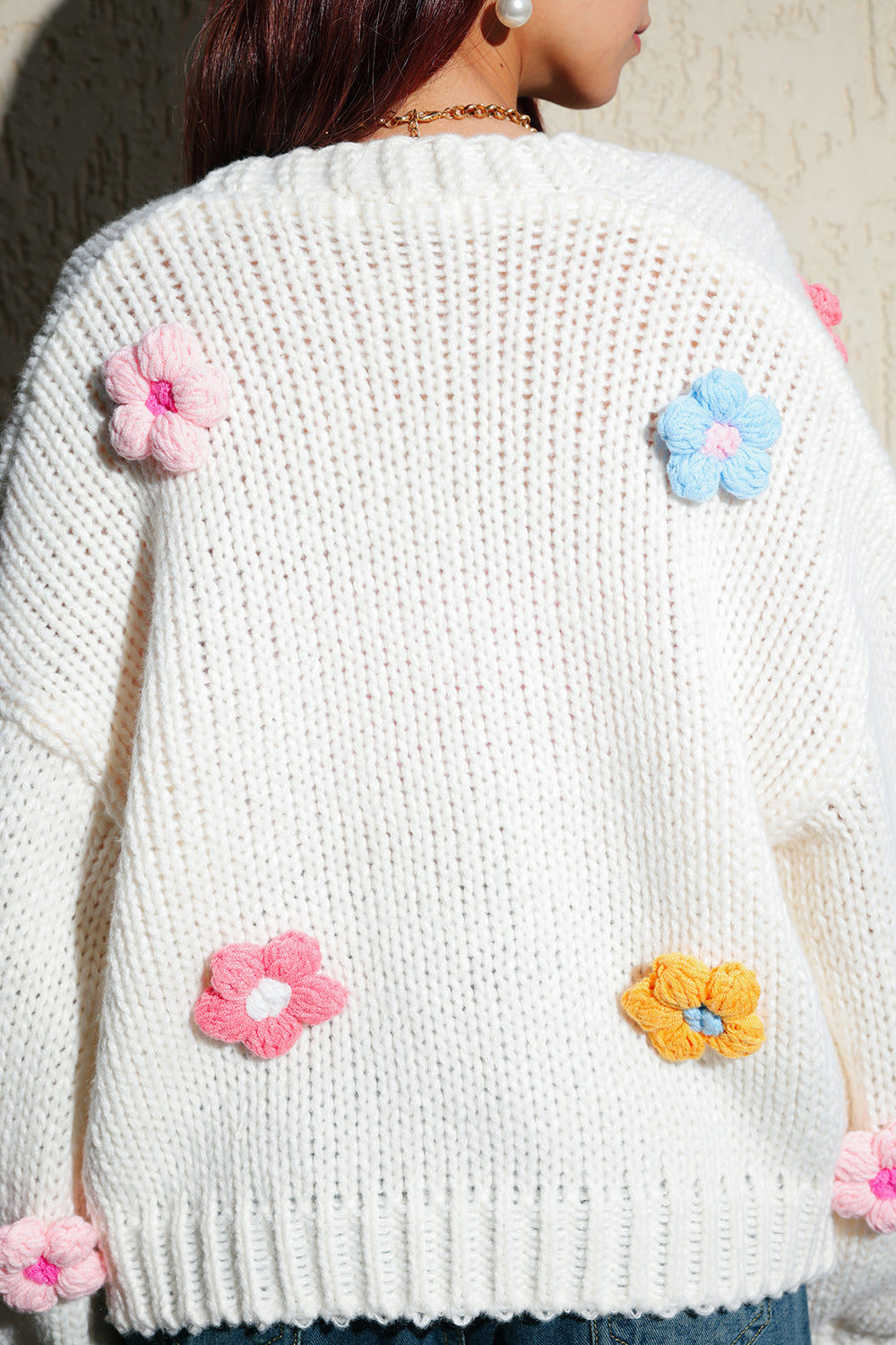 White Oversized Multicolour Flower Cardigan