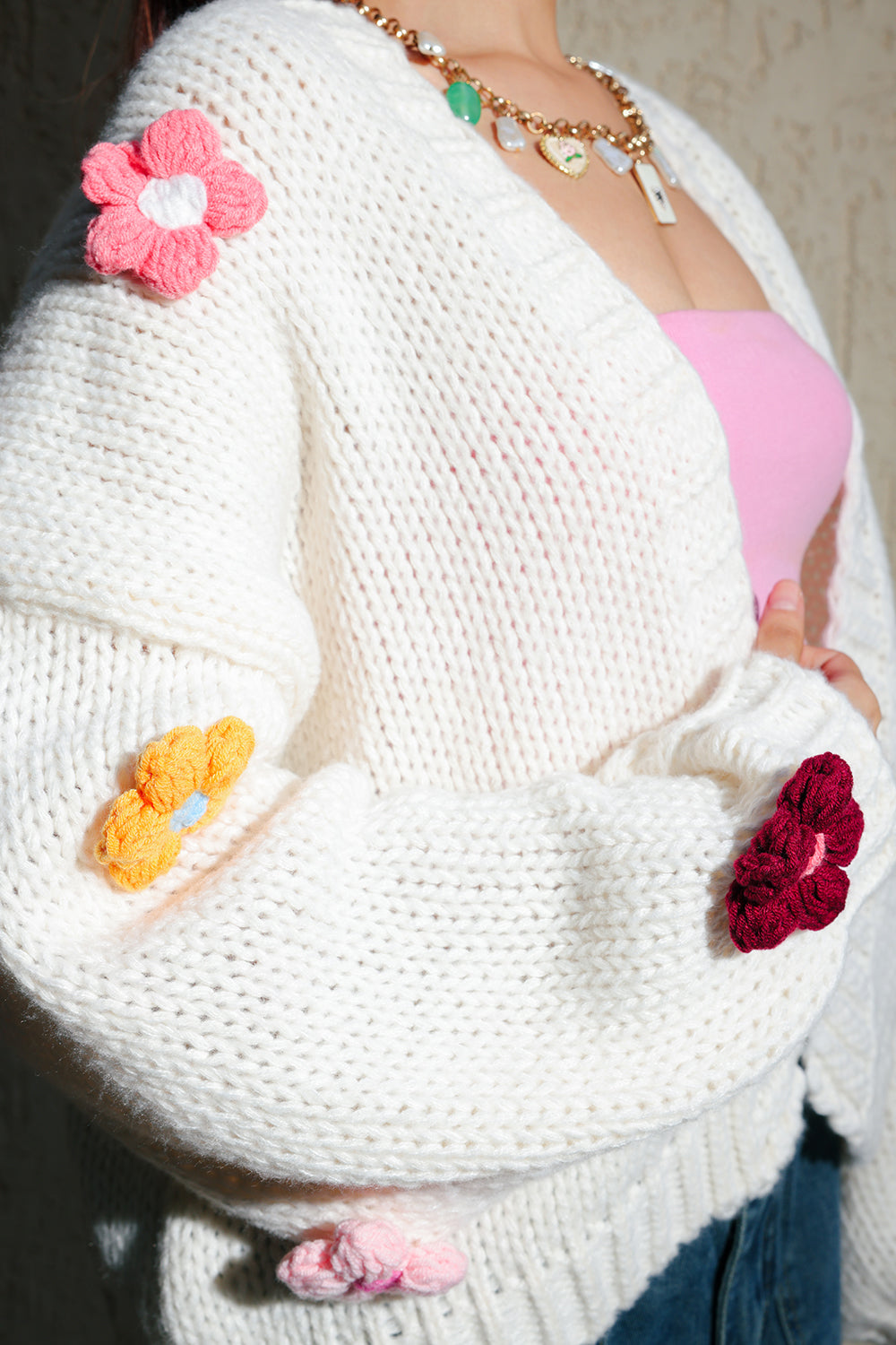 White Oversized Multicolour Flower Cardigan