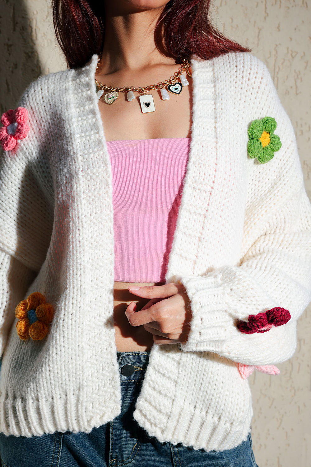 White Oversized Multicolour Flower Cardigan