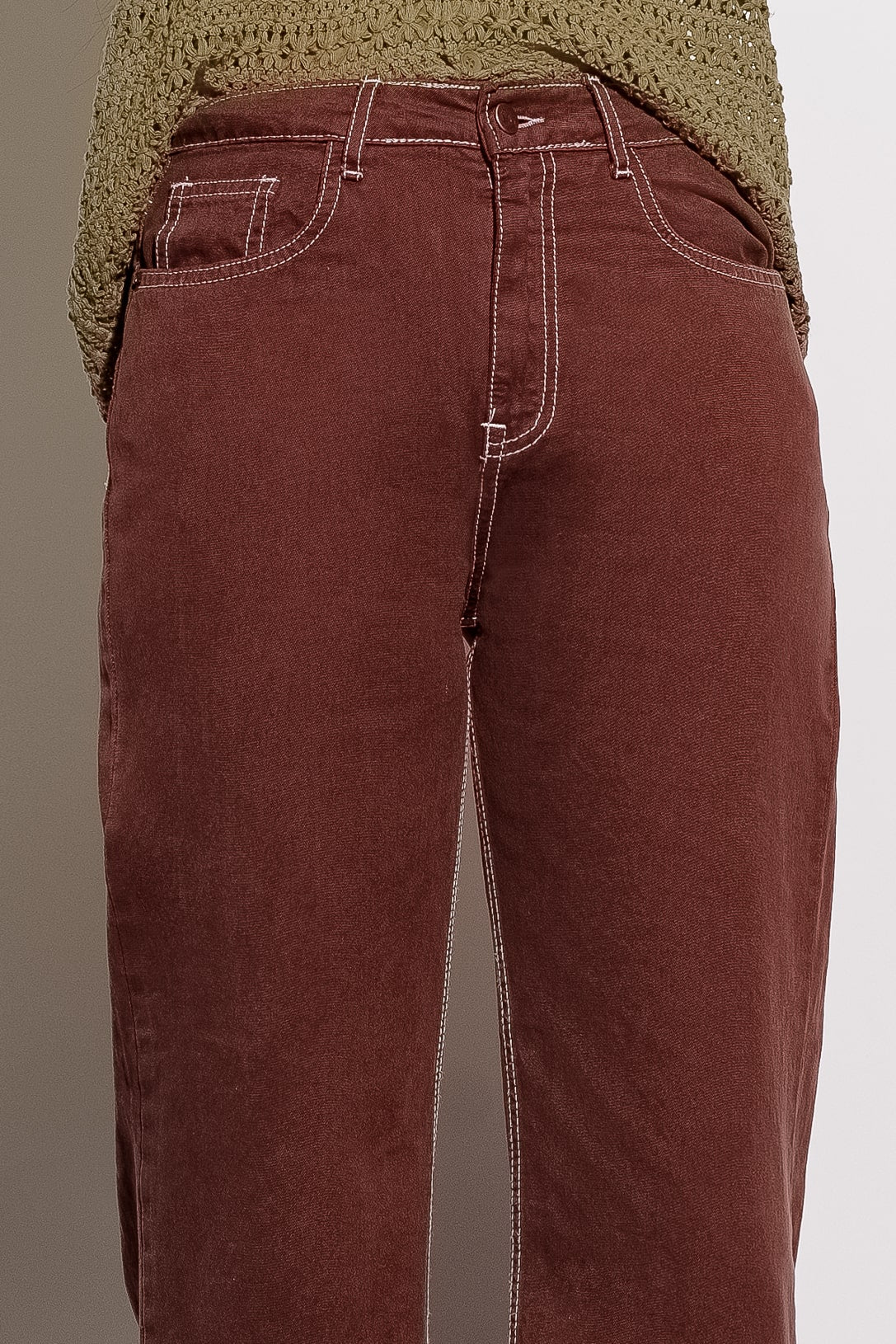 BROWN CONTRAST STITCH WIDE JEANS