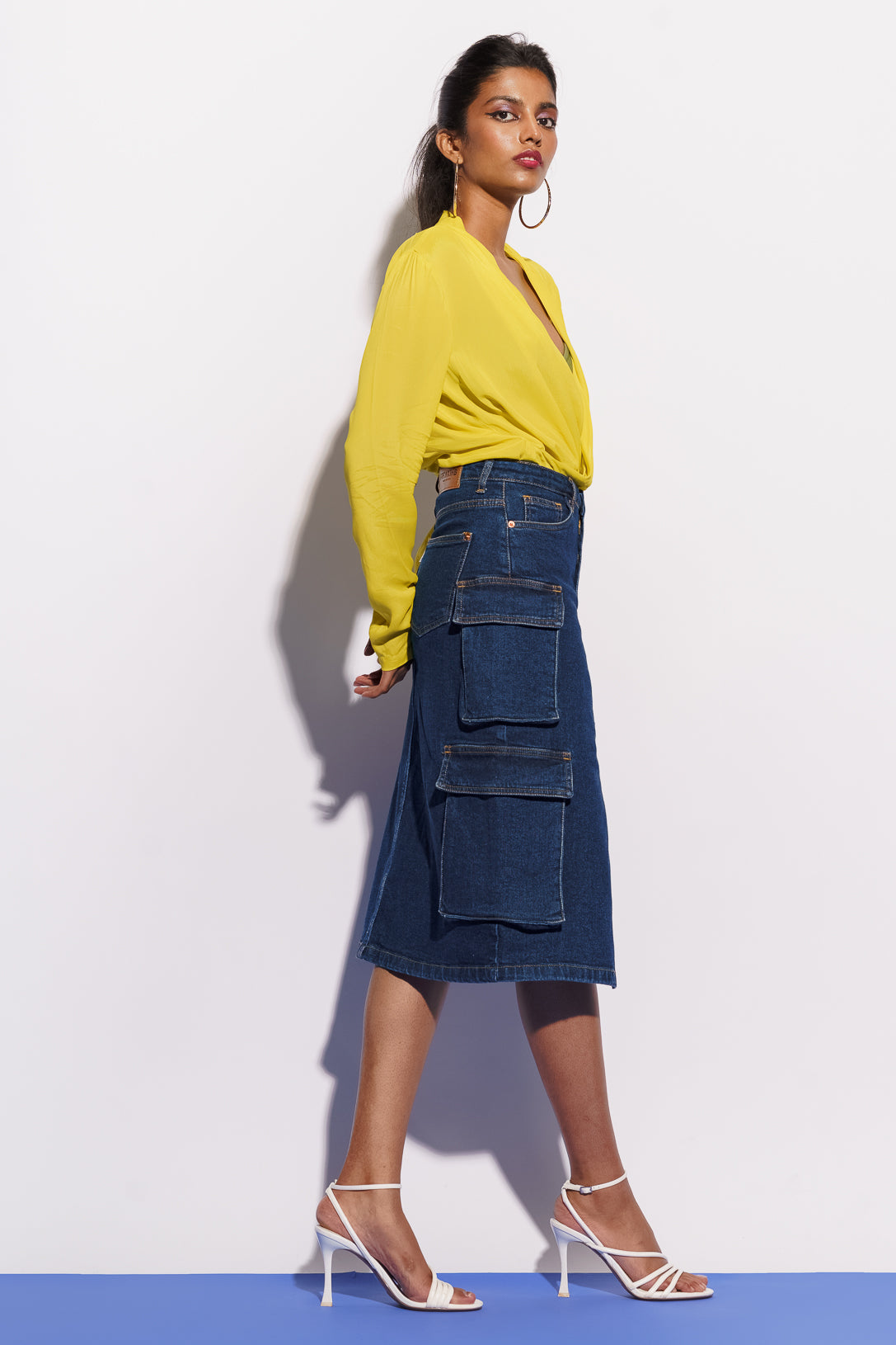 Blue Denim Midi Cargo Skirt With Slit