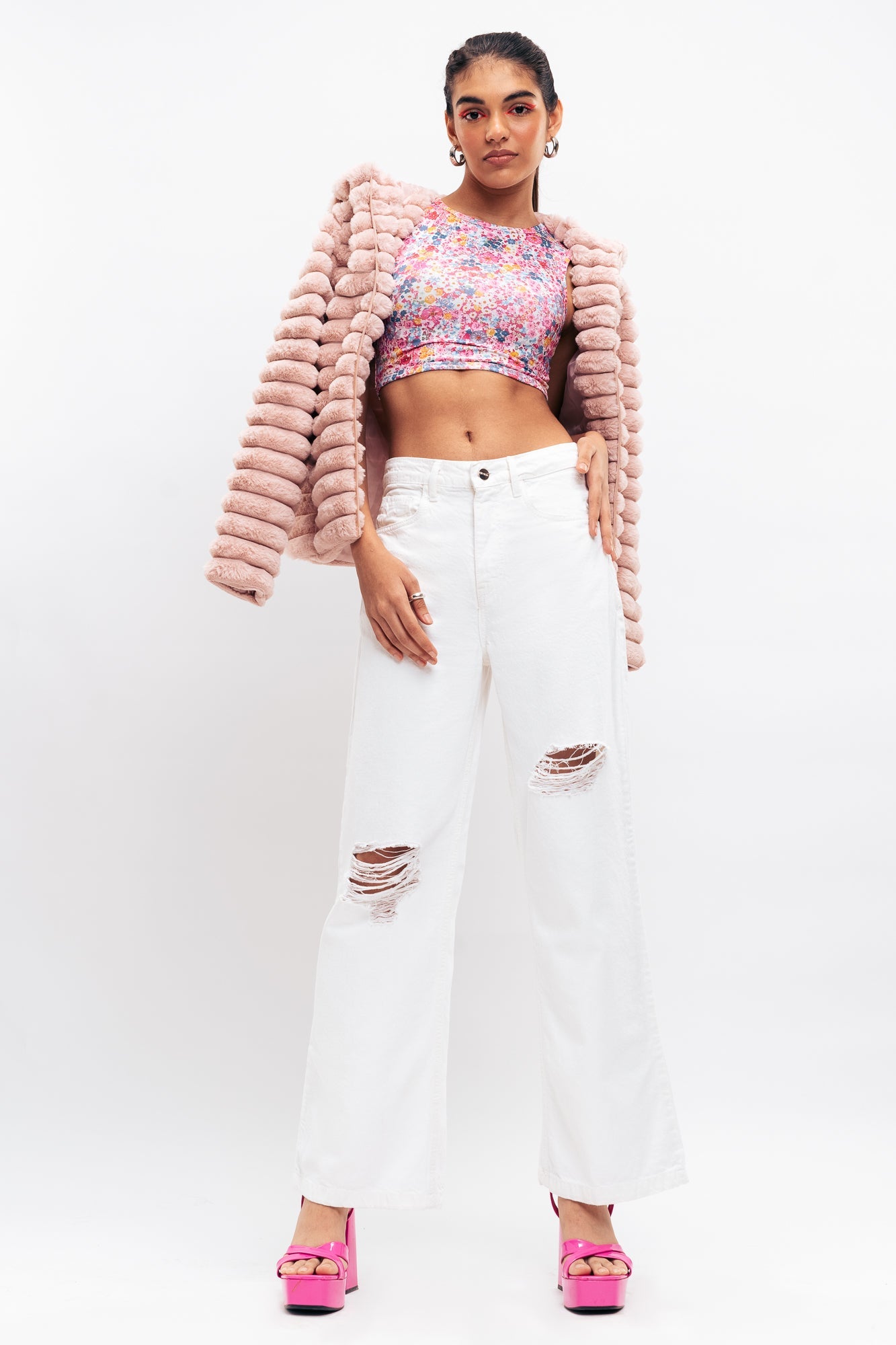 Ivory White Distressed Wide Jeans