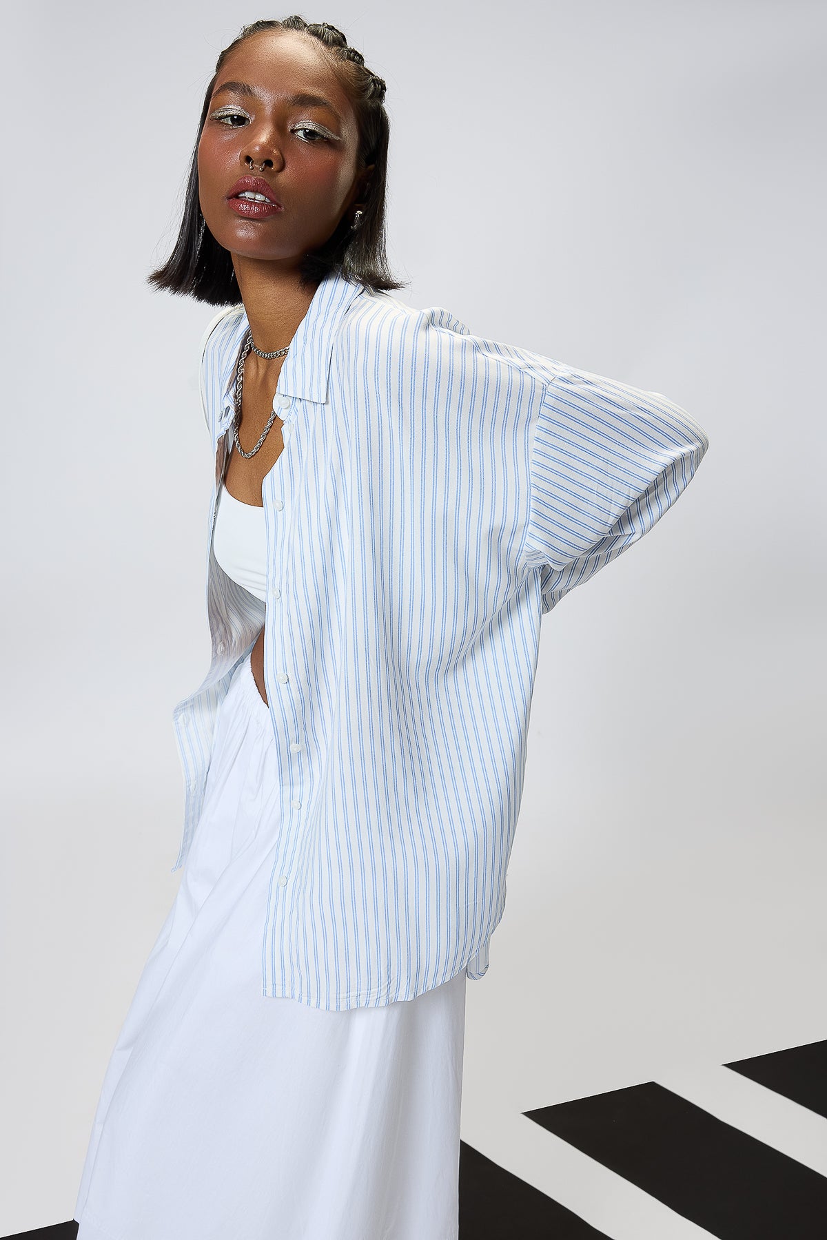 Women's Relaxed Fit Viscose Shirt-White/Blue