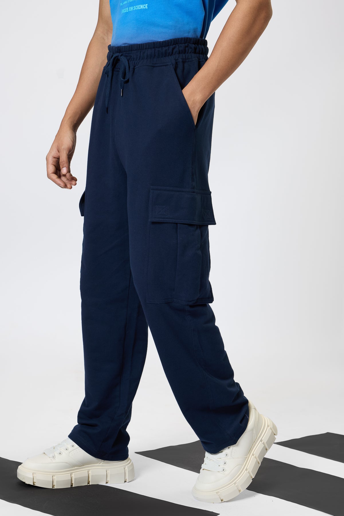 Relaxed Fit Cotton Knitted Men's Jogger Cargos - Navy