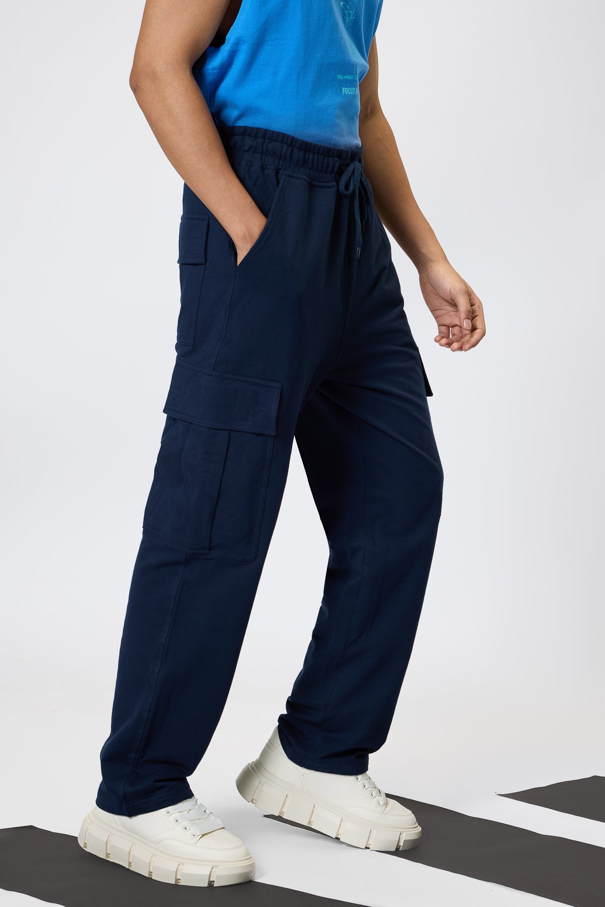 Relaxed Fit Cotton Knitted Men's Jogger Cargos - Navy