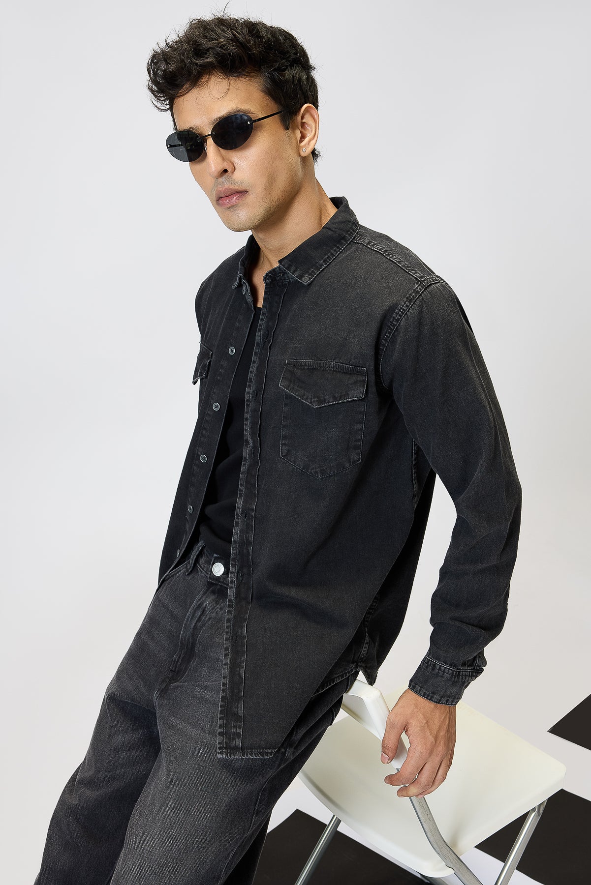 Black Gradated Men's Denim Effect Shirt