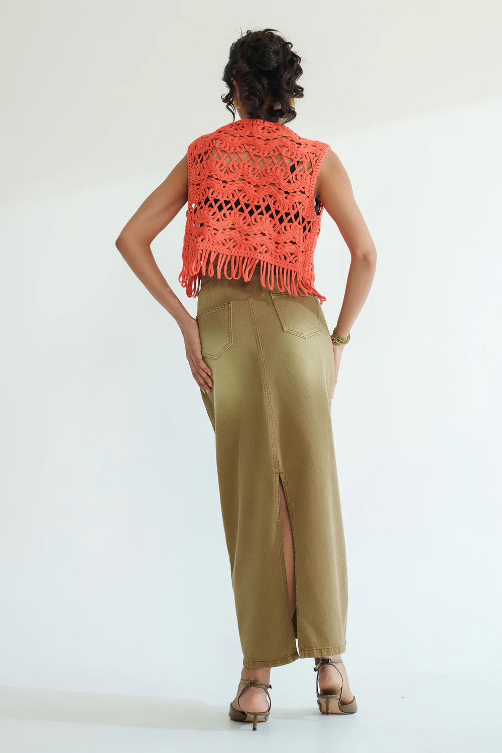 Gold Beige Long Straight Denim Skirt