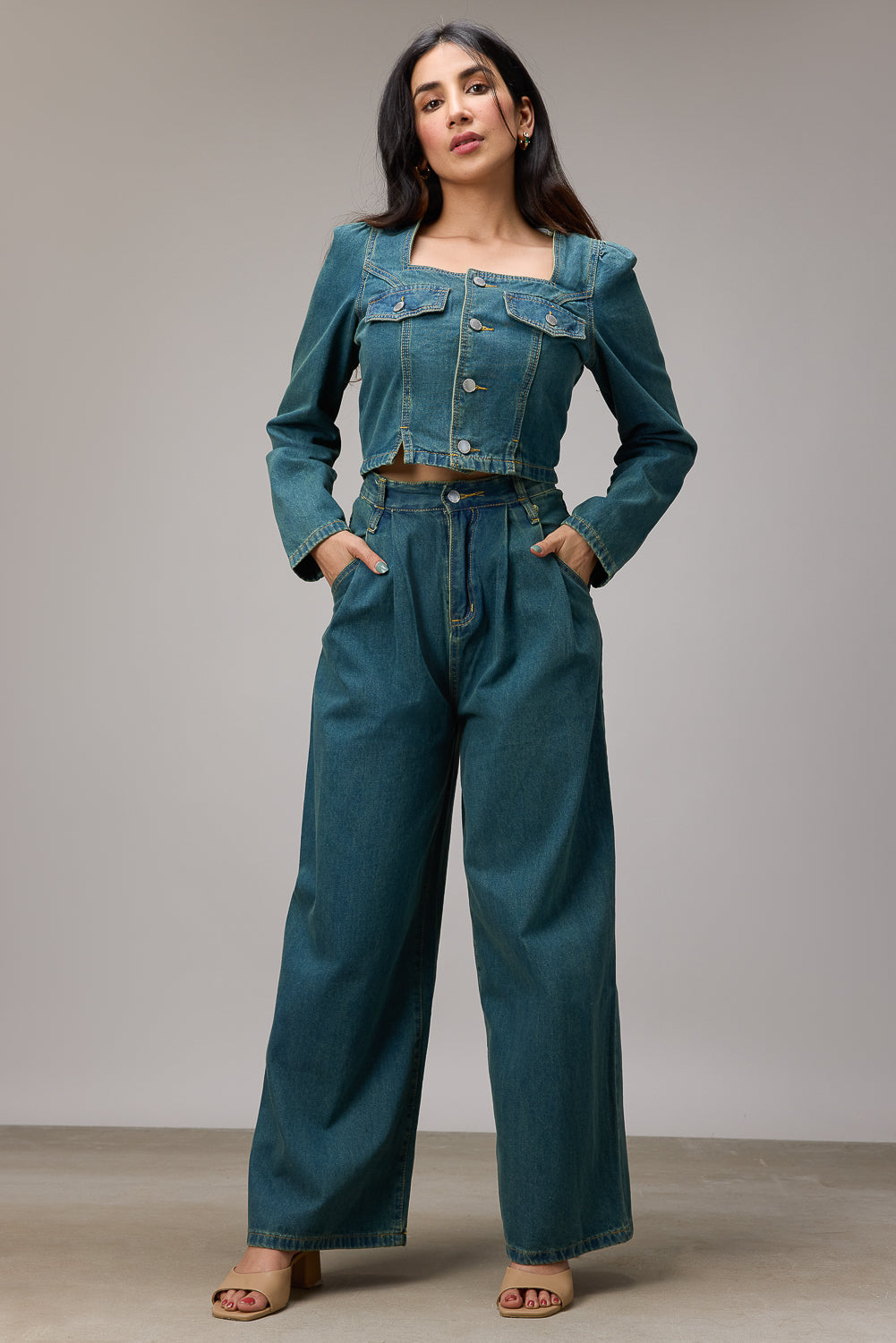 Double belted denim wide leg jeans