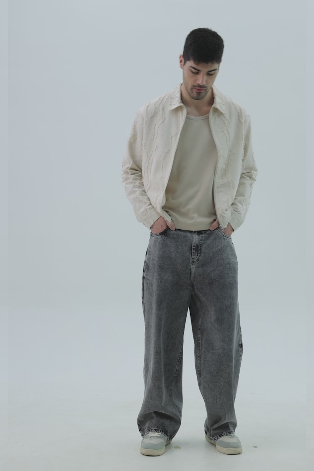 【SCENERITY】Retro wide denim pants Vintage Style Grey Straight Light Fringe High Rise Denim