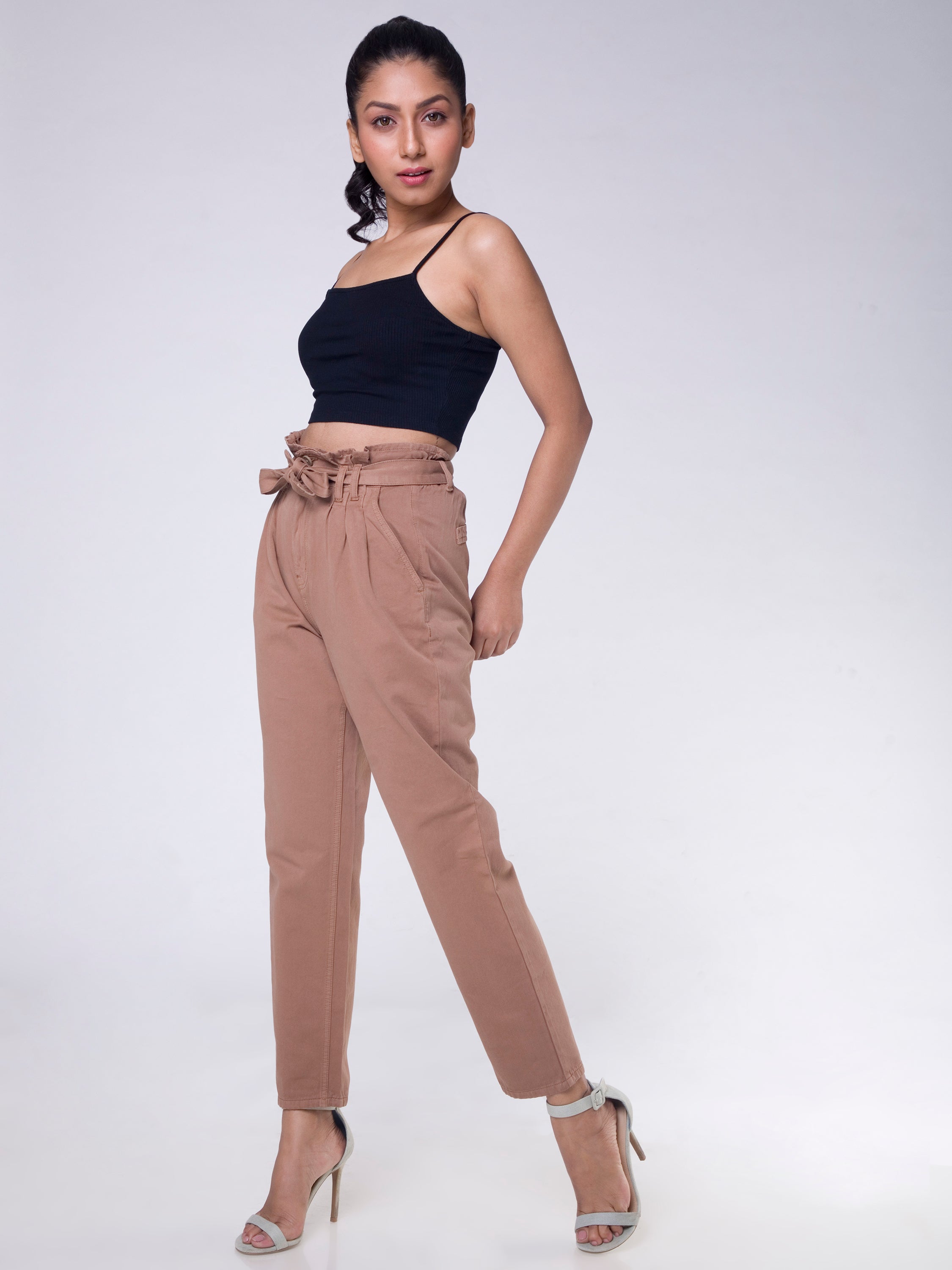 COFFEE BROWN DARTED JEANS WITH TIE UP BELT