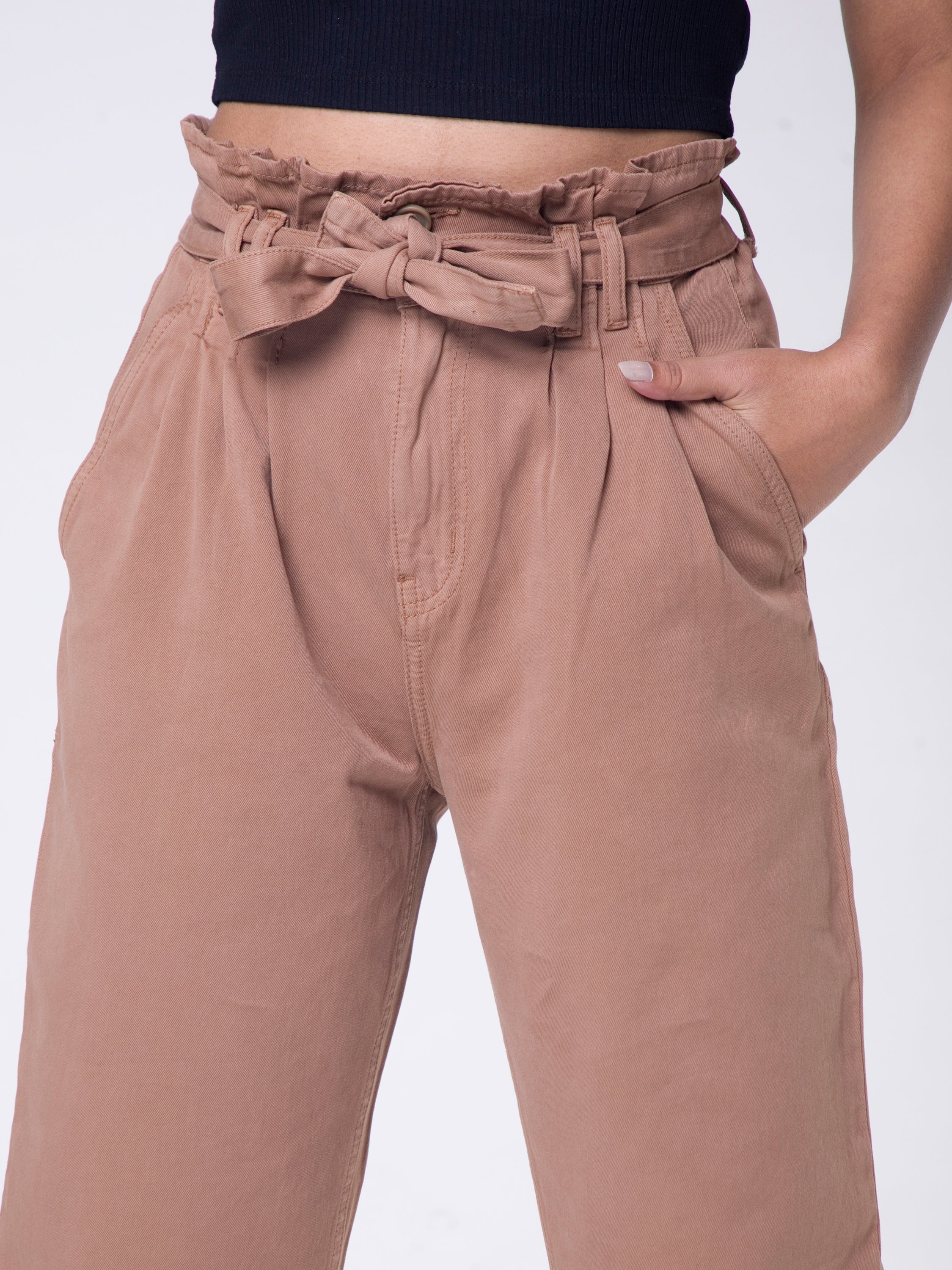 COFFEE BROWN DARTED JEANS WITH TIE UP BELT