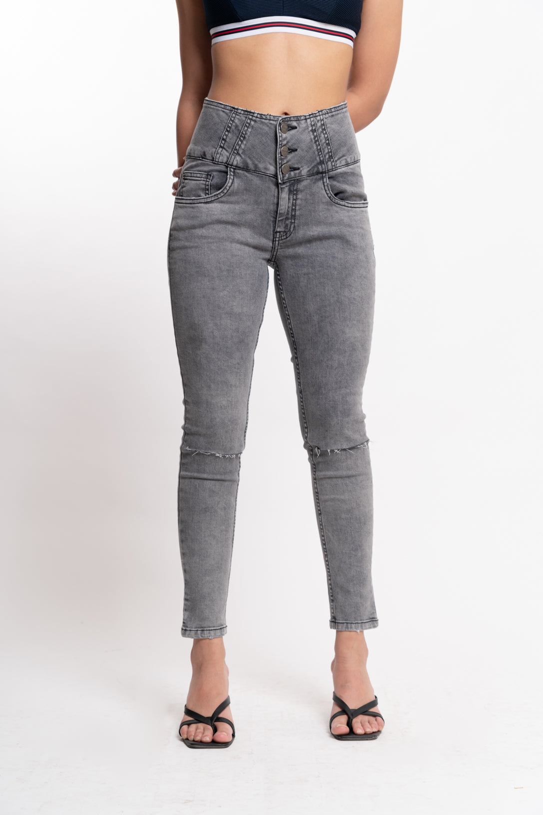 GREY RIPPED BROADBELT JEANS