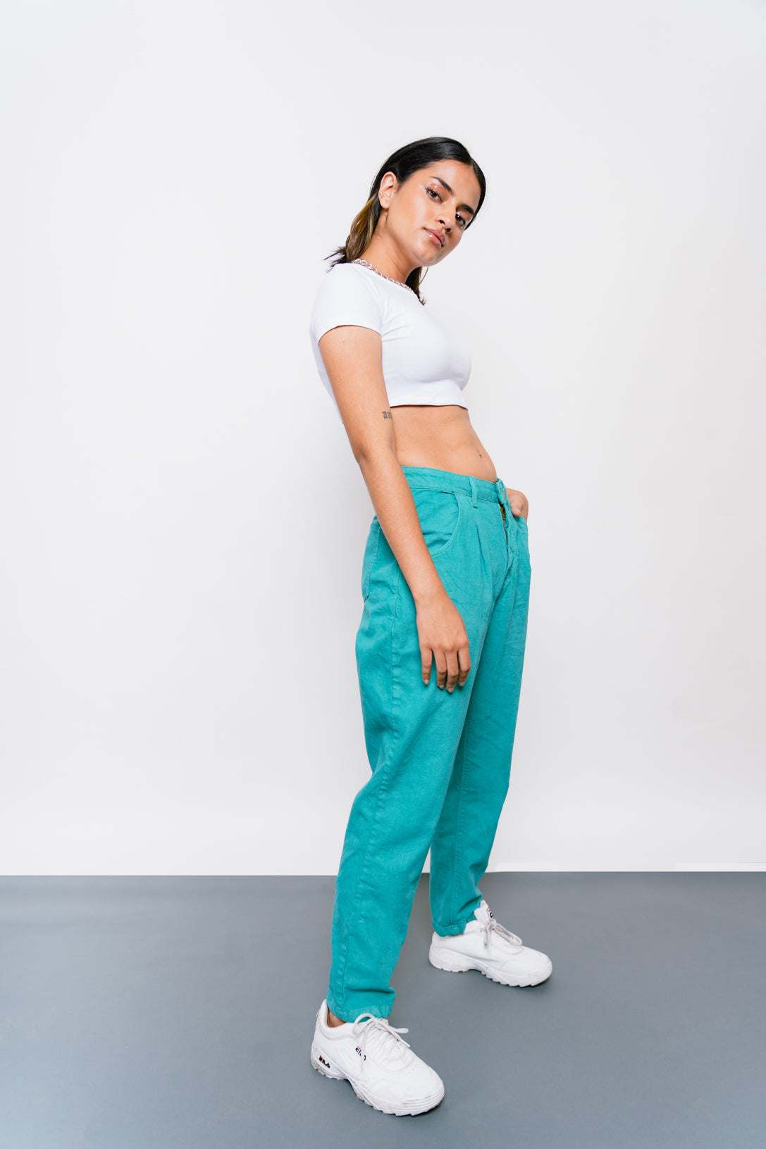Tame Teal Pleated Slouchy Jeans