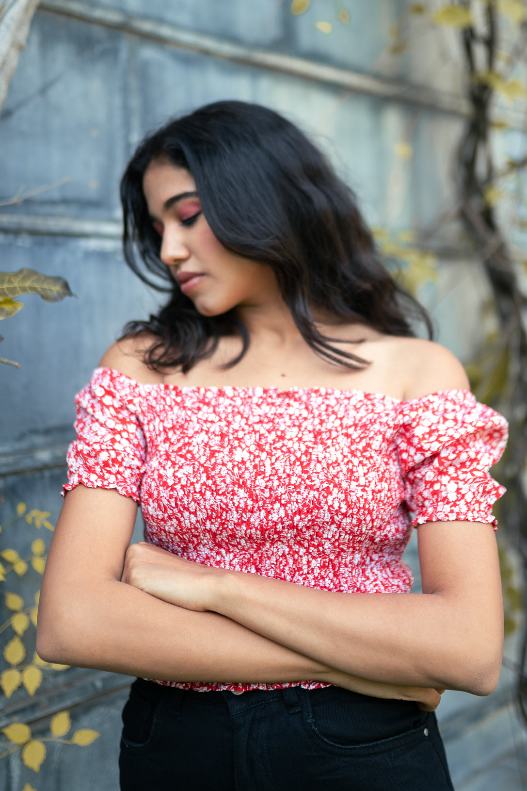 RED SMOCKED OFF-SHOULDER TOP