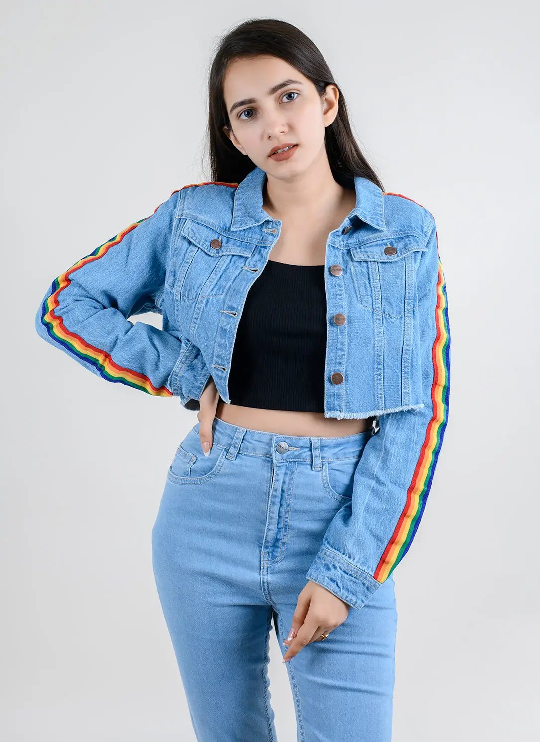 LIGHT BLUE CROPPED JACKET WITH SIDE TAPE