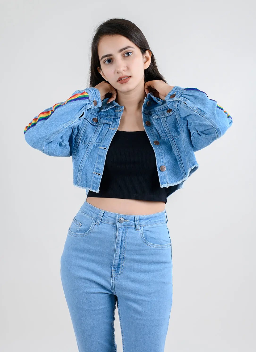 LIGHT BLUE CROPPED JACKET WITH SIDE TAPE