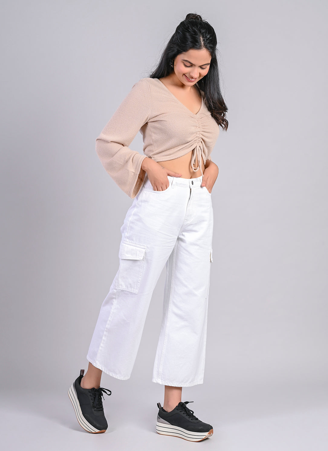 ELASTICATED CARGO UTILITY JEANS IN WHITE