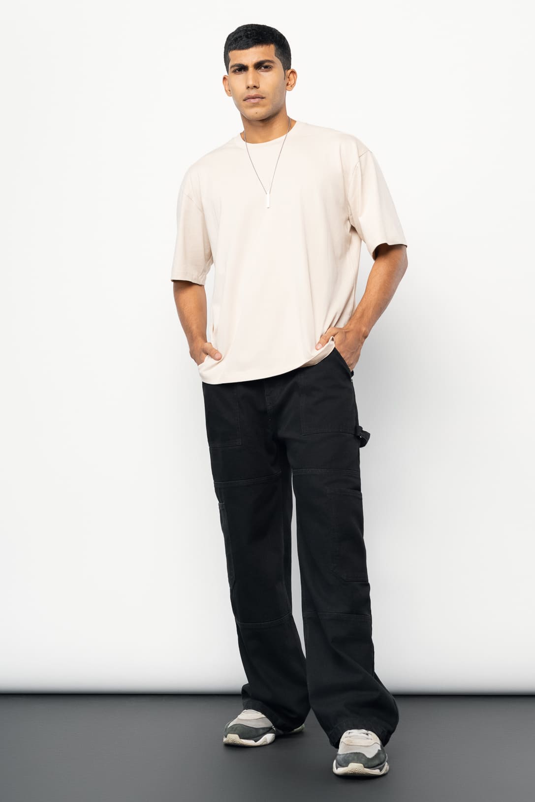 Black Patch & Pocket Men's Baggy Straight Cargo Jeans
