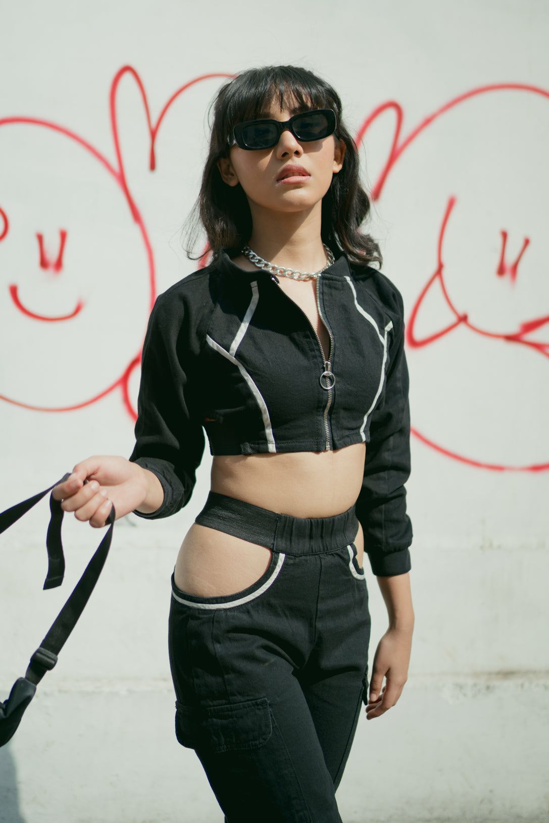 Black cropped biker jacket