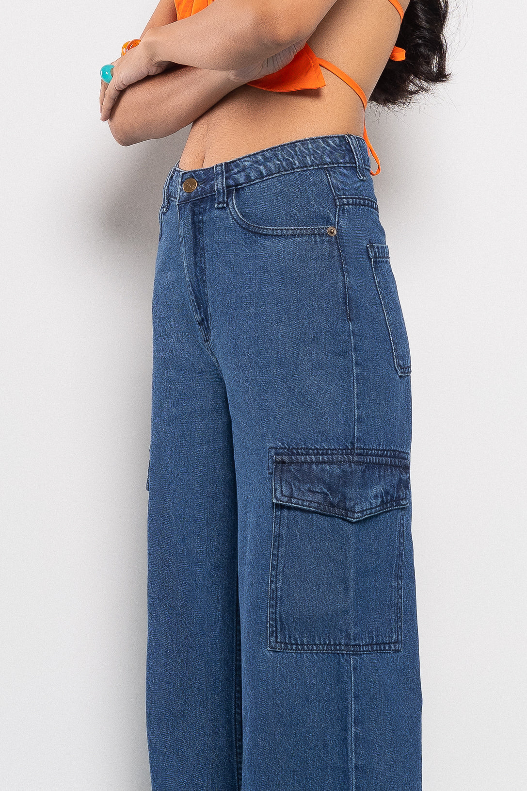 WIDE MID BLUE CARGO UTILITY JEANS