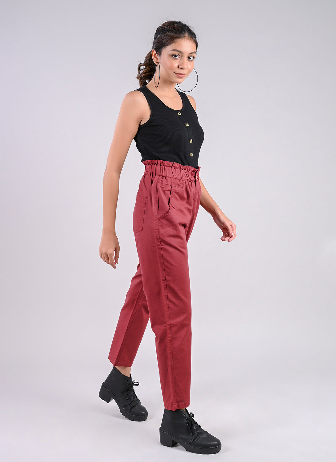 BREEZY PANTS IN BRICK RED WITH PAPERBAG WAIST