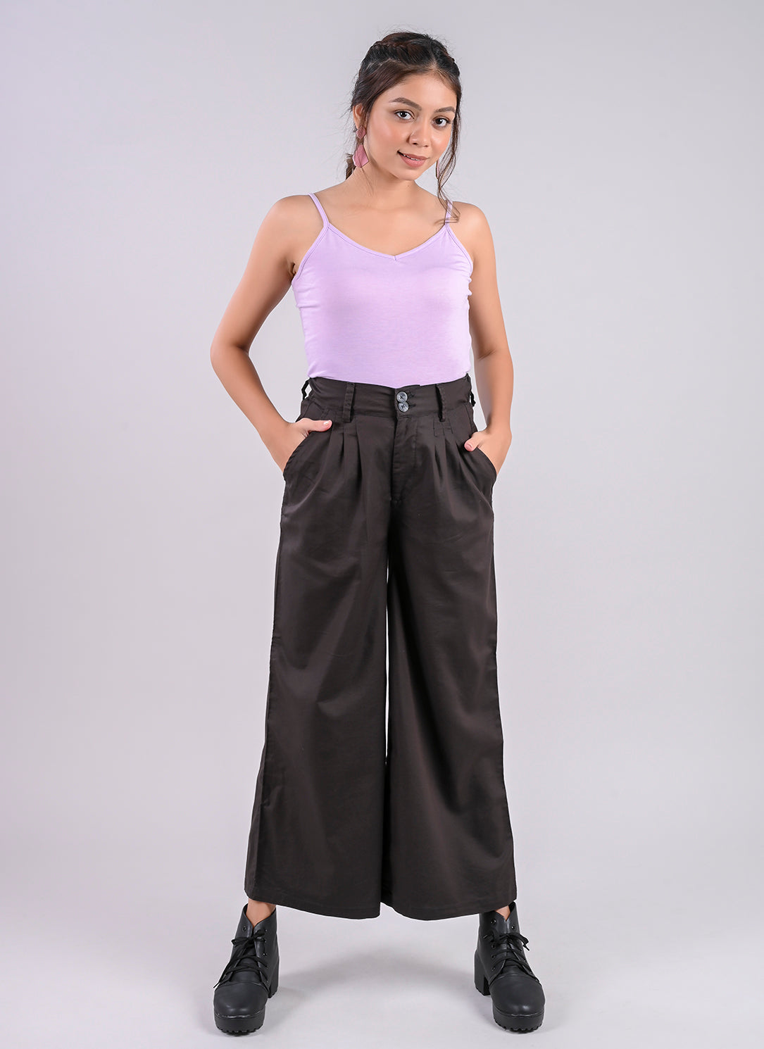 PLEATED PALAZZO PANTS IN CHARCOAL GREY