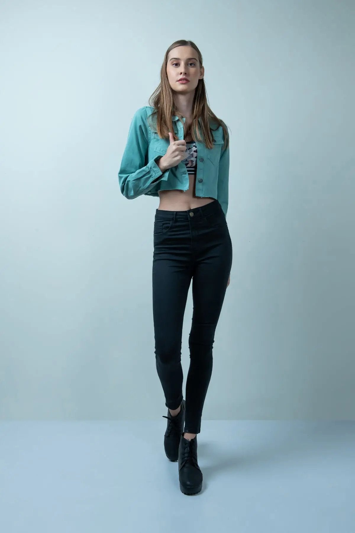 TEAL DENIM RAW HEM CROPPED JACKET