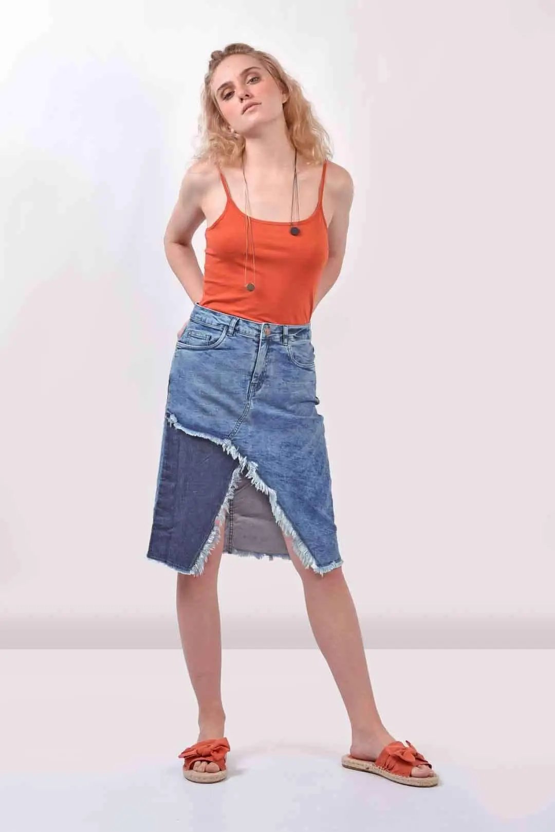 Patched denim skirt