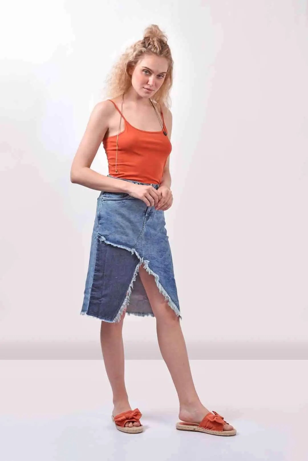 Patched denim skirt