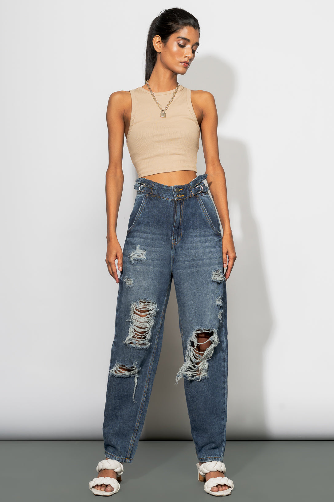 ADJUSTABLE RIPPED VINTAGE BAGGY JEANS