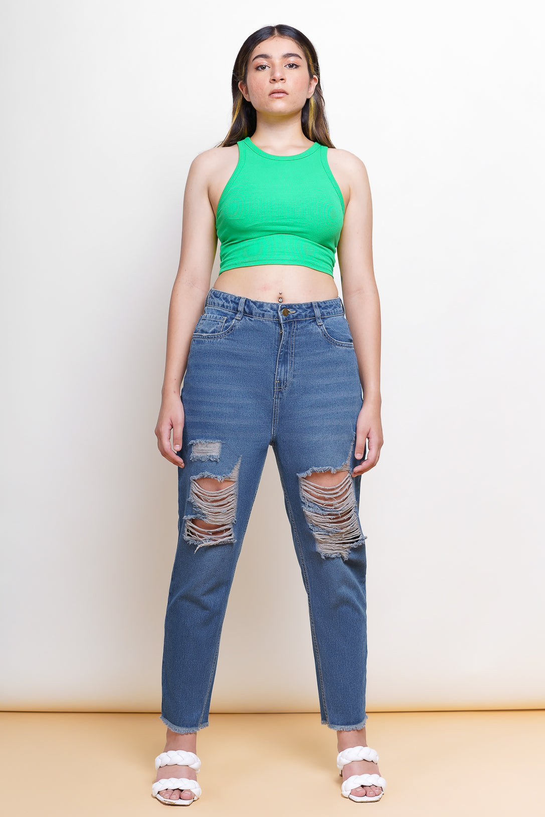 Mid Blue High-waist Ripped Mom Jeans