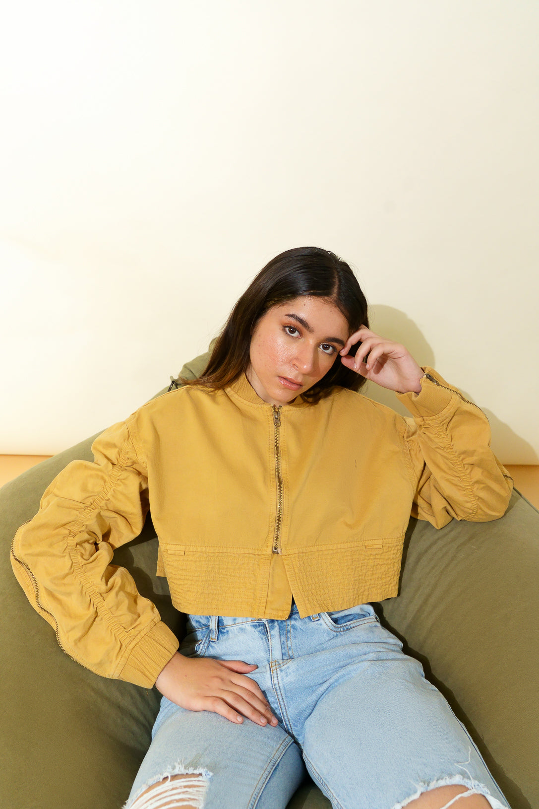 Sand elasticated cropped jacket
